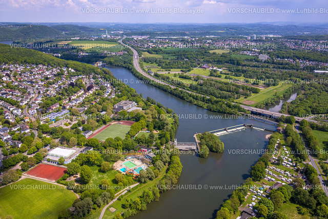 Herdecke230502683 | Luftbild, Wehr Stiftsmühle, Sport- und Freizeitzentrum Bleichstein, Freibad, Friedrich-Harkort-Schule, Realschule Am Bleichstein, Fluss Volme Mündung in den Fluss Ruhr, Radwegbrücke, Wasserwerk Hengstey, Blick nach Hagen-Boele, Autobahn A1, Herdecke, Ruhrgebiet, Nordrhein-Westfalen, Deutschland