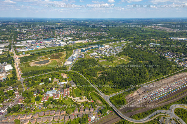 Gelsenkirchen230511181 | Luftbild, Yachthafen Stölting Marina, Hafenquartier Graf Bismarck, Parkanlage, Gewerbegebiet Emscherstraße, Bismarck, Gelsenkirchen, Ruhrgebiet, Nordrhein-Westfalen, Deutschland