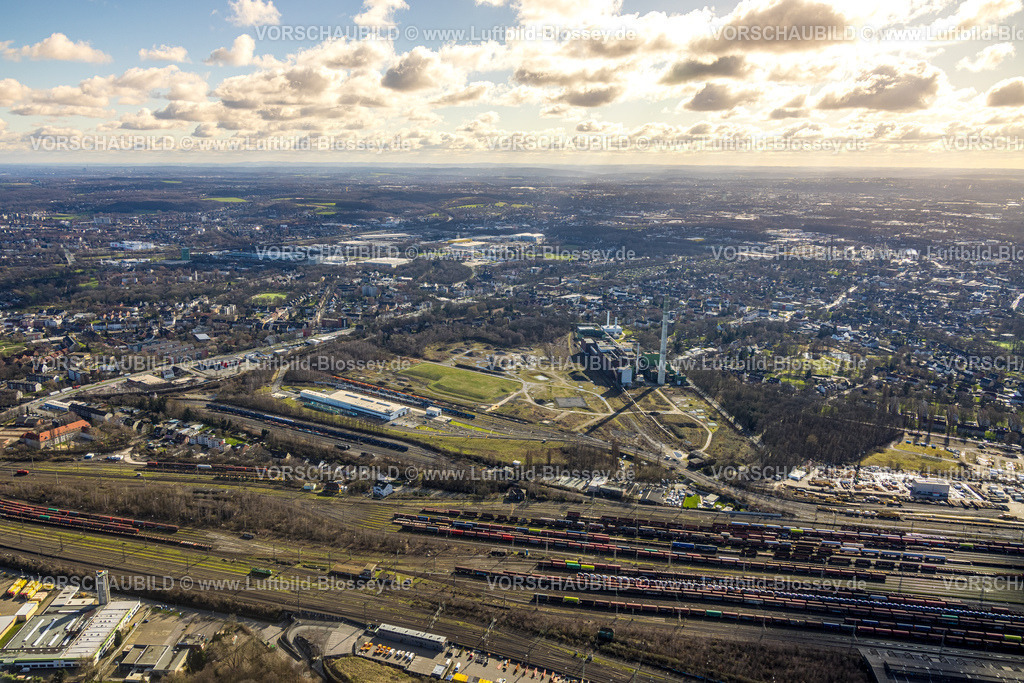 Herne230211839 | Luftbild, Güterbahnhof Herne, Freifläche ehemaliges Bergwerksgelände General Blumenthal, ehemaliges Uniper-Kraftwerk Shamrock, Wanne-Süd, Herne, Ruhrgebiet, Nordrhein-Westfalen, Deutschland