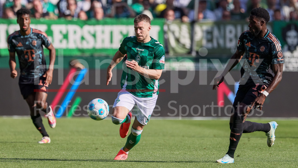 Fussball, Bundesliga, SV Werder Bremen - FC Bayern München | v.li.: Mitchell Weiser (SV Werder Bremen, 8) und Alphonso Davies (FC Bayern München, 19) im Zweikampf, Duell, Dynamik, Aktion, Action, Spielszene, DIE DFL-RICHTLINIEN UNTERSAGEN JEGLICHE NUTZUNG VON FOTOS ALS SEQUENZBILDER UND/ODER VIDEOÄHNLICHE FOTOSTRECKEN. DFL REGULATIONS PROHIBIT ANY USE OF PHOTOGRAPHS AS IMAGE SEQUENCES AND/OR QUASI-VIDEO.