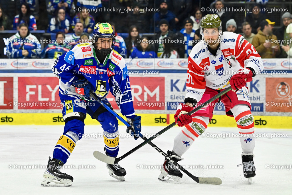 EC IDM Wärmepumpen VSV vs. HCB Südtirol Alperia | #46 Paul Sintschnig EC VSV, #90 Dylan Diperna HCB Südtirol Alperia, EC IDM Wärmepumpen VSV vs. HCB Südtirol Alperia, EC IDM Wärmepumpen VSV vs. HCB Südtirol Alperia am 28.12.2025 in Villach (Stadthalle Villach), Austria, (Photo by Bernd Stefan)