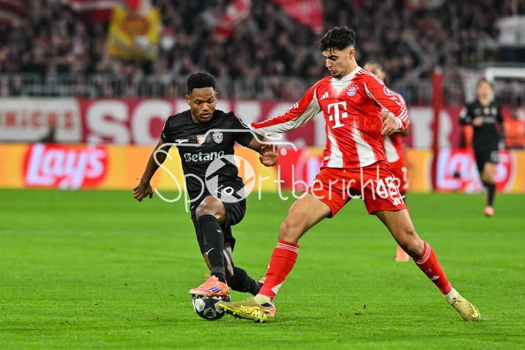 FC Bayern München - Sporting Lissabon | MUNICH, GERMANY - 09. DECEMBER: im Duell Geny CATAMO (Sporting CP 10) und Aleksandar PAVLOVIC (FC Bayern Munich 45) während dem Match zwischen dem FC Bayern München und Sporting Lissabon am 6. Spieltag der UEFA Champions League Ligaphase in der Allianz Arena