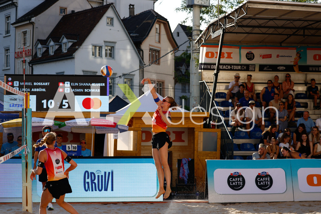 Obi BeachTour 2026 - Basel | BASEL, SWITZERLAND - JULY 17: MURIEL BOSSART (SUI) attack / spike during the Obi BeachTour 2026 match between BOSSART / ABBÜHL (SUI) and KLUSER / SCHWAB (SUI) at Barfüsserplatz on July 17, 2026 in Basel, Switzerland. - Realisiert mit Pictrs.com
