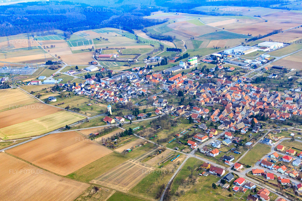 Luftbild: Dorf im Kraichgau von Norden in Hüffenhardt im Bundesland Baden-Württemberg in Deutschland. Foto: IMG_38170.jpg vom 12.03.2011 durch Werner Riehm/FLY-FOTO.de
