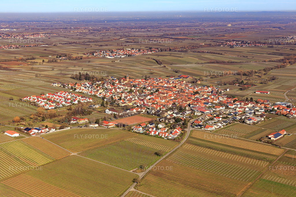 Luftbild: Dorfübersicht aus Westen im Ortsteil Nußdorf in Landau im Bundesland Rheinland-Pfalz in Deutschland. Foto: IMG_125287.jpg vom 21.02.2021 durch Werner Riehm/FLY-FOTO.de