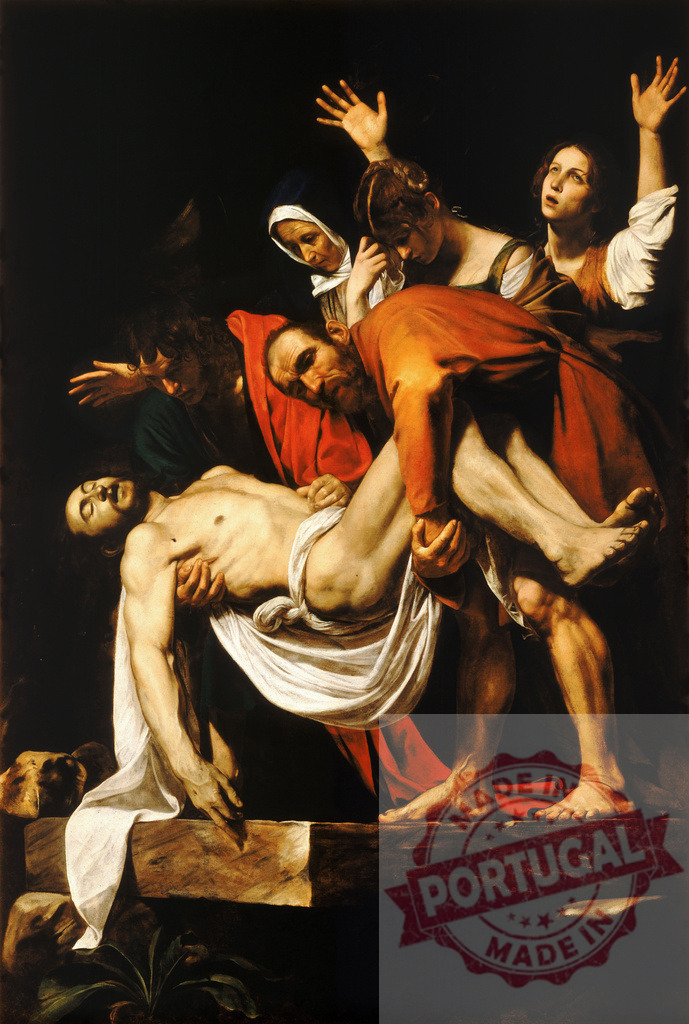 Art by Carravagio Caravaggio’s The Entombment of Christ painting depicting grief and sacrifice | Mourners lowering the body of Jesus Christ into a tomb, expressing intense grief and despair - Realisiert mit Pictrs.com