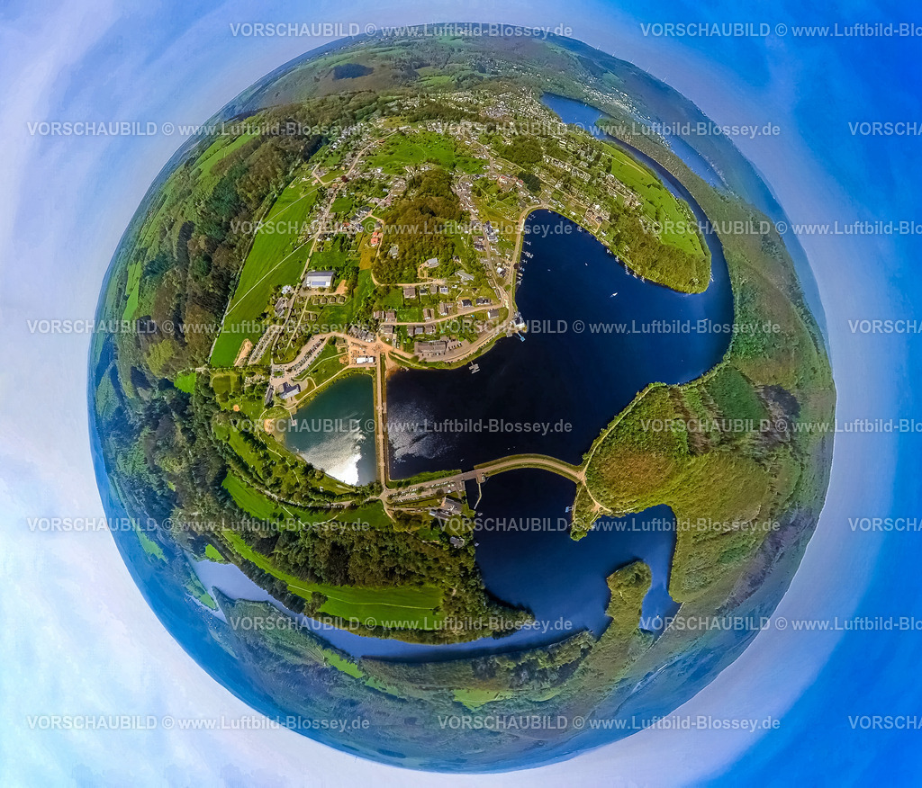 Simmerath240590140Rurberg_RurSee | Luftbild, Erdkugel, Fisheye Aufnahme, Fischaugen Aufnahme, 360 Grad Aufnahme, tiny world, little planet, fisheye Bild, Fluss Rur und Rurtalsperre, Paulushofdamm - Rursee/Obersee und Stauanlage Eiserbach/Rursee, Wohnort Rurberg, Nordeifel Nationalpark Eifel, Rurberg, Simmerath, Nordrhein-Westfalen, Deutschland