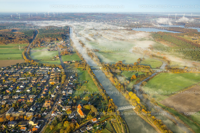 Haltern231104138 | Luftbild, Nebelschwaden über dem Wasserwerk Haltern und Fluss Lippe, zwischen Wesel-Datteln-Kanal und Halterner Stausee, umgeben von herbstlichen Laubbäumen, Haltern-Stadt, Haltern am See, Ruhrgebiet, Münsterland, Nordrhein-Westfalen, Deutschland