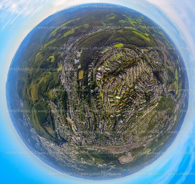 Kreuztal230990409Geisweid | Luftbild, Ortsansicht Ortsteil Geisweid, Erdkugel, Fisheye Aufnahme, Fischaugen Aufnahme, 360 Grad Aufnahme, tiny world, Geisweid-Ruhrst, Siegen, Sauerland, Nordrhein-Westfalen, Deutschland