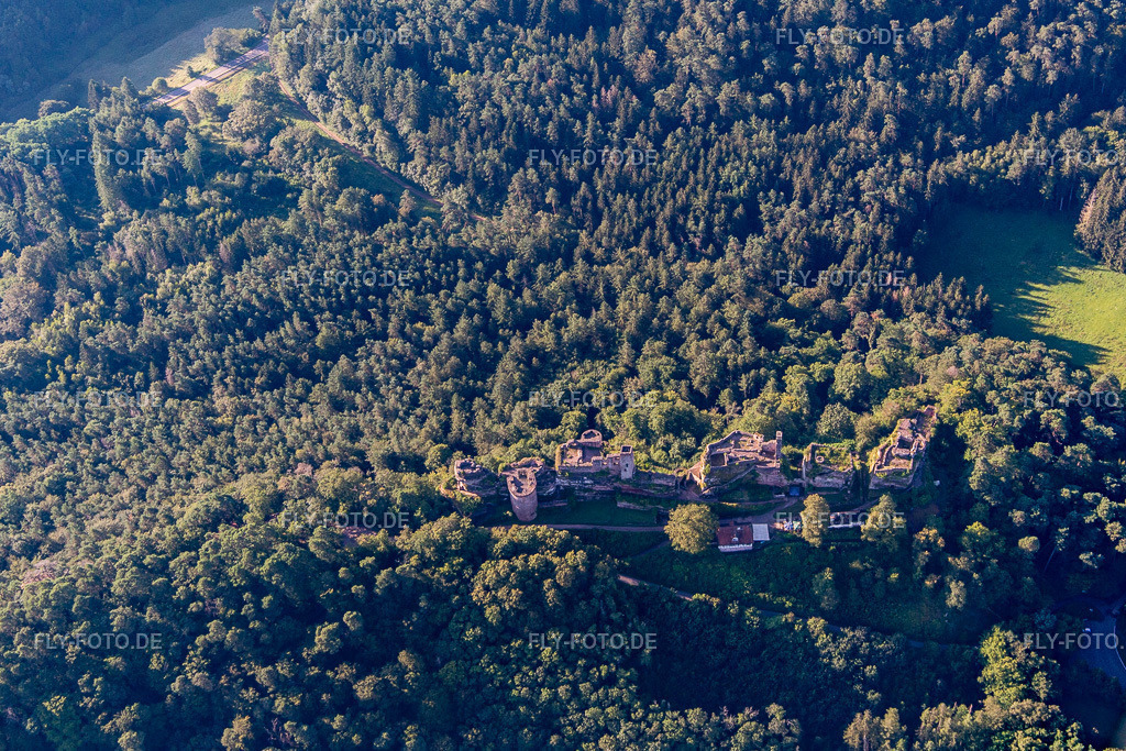 Burgenmassiv Altdahn mit Burgruinen Granfendahn und Tanstein | Luftbild: Burgenmassiv Altdahn mit Burgruinen Granfendahn und Tanstein in Dahn im Bundesland Rheinland-Pfalz in Deutschland. Foto: IMG_143175.jpg vom 06.08.2024 durch ©2025 Werner Riehm fly-foto.de/copyright - Realisiert mit Pictrs.com