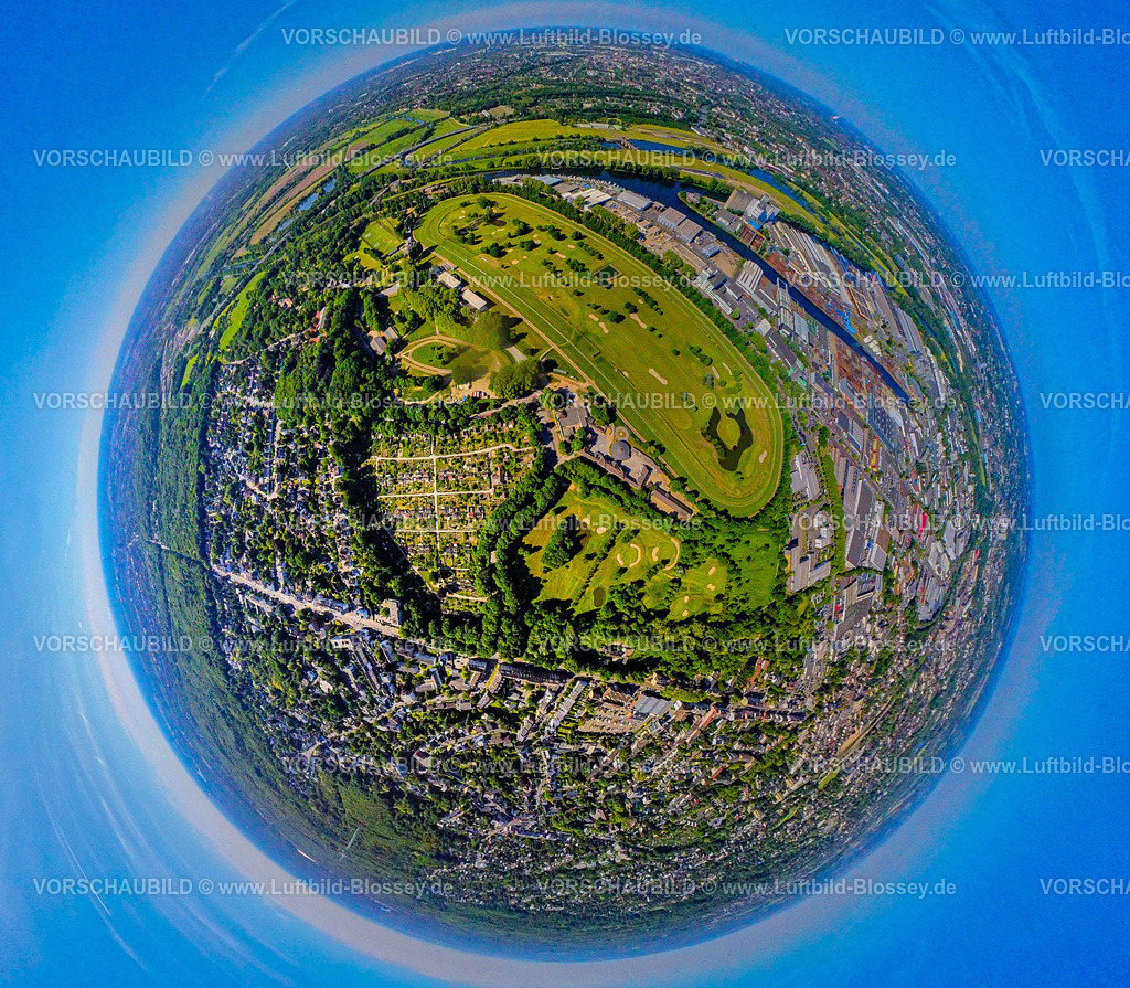 Muelheim250590058RennbahnRaffelberg | Luftbild, Galopprennbahn mit Golfplatz Golfclub Mülheim an der Ruhr Raffelberg, Südhafen, Erdkugel, Fisheye Aufnahme, Fischaugen Aufnahme, 360 Grad Aufnahme, tiny world, little planet, fisheye Bild, Speldorf - Nordwest, Mülheim an der Ruhr, Ruhrgebiet, Nordrhein-Westfalen, Deutschland