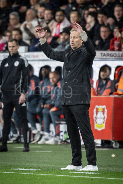 DFB Cup semifinal match Bayer 04 Leverkusen vs. FC Bayern Munich, 22.04.2026 | LEVERKUSEN, GERMANY - APRIL 22, 2026: Kasper Hjulmand (Head Coach Bayer 04 Leverkusen) gestures  emotional during the German DFB Cup semifinal match between Bayer 04 Leverkusen vs. FC Bayern Munich at BayArena on April 22, 2026 in Leverkusen, Germany. DFL REGULATIONS PROHIBIT ANY USE OF PHOTOGRAPHS AS IMAGE SEQUENCES AND/OR QUASI-VIDEO.