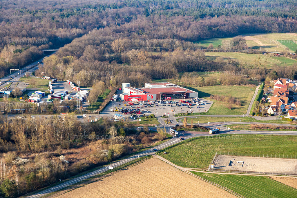 Aerial view: Federal Police Station Bienwald in Scheibenhard in the state Bas-Rhin, France.Photo: IMG_130982.jpg taken on 03/22/2022 by Werner Riehm/FLY-FOTO.comResolution of the original: 5472 x 3648 px