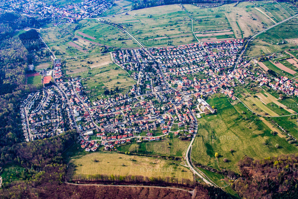 Luftbild: Ortsansicht von Südosten im Ortsteil Schöllbronn in Ettlingen im Bundesland Baden-Württemberg in Deutschland. Foto: IMG_17722.jpg vom 12.04.2009 durch Werner Riehm/FLY-FOTO.de
