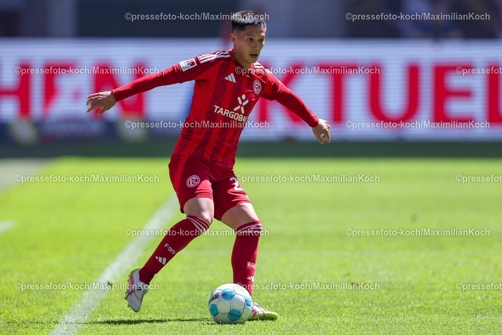 F9510052501023 | 10.05.2025, Fußball, Fortuna Düsseldorf - FC Schalke 04, 2. Fußball Bundesliga, Merkur Spiel-Arena, Saison 2024 2025: Shinta Appelkamp (Fortuna Duesseldorf #23) DFB regulations prohibit any use of photographs as image sequences and or quasi-video.
