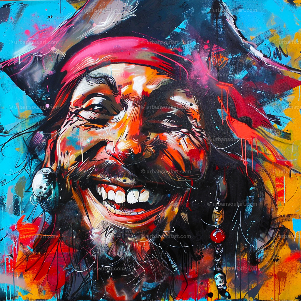 Colorful Pirate Portrait | A lively and expressive portrait of a pirate with bold colors, capturing the spirit of adventure. Ideal for themed rooms or spaces needing a touch of fun and excitement. - Realisiert mit Pictrs.com