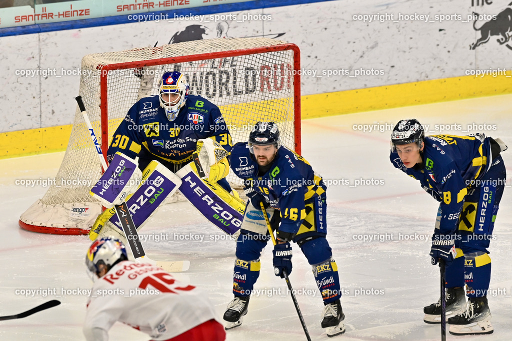 RED BULL HOCKEY JUNIORS vs. EK DIE ZELLER EISBÄREN | #8 Koschek Felix EK DIE ZELLER EISBÄREN, #16 Fechtig Bernhard EK DIE ZELLER EISBÄREN, #30 Zimmermann Max EK DIE ZELLER EISBÄREN, RED BULL HOCKEY JUNIORS vs. EK DIE ZELLER EISBÄREN, RED BULL HOCKEY JUNIORS vs. EK DIE ZELLER EISBÄREN am 14.01.2025 in Salzburg (Eisarena Salzburg), Austria, (Photo by Bernd Stefan)