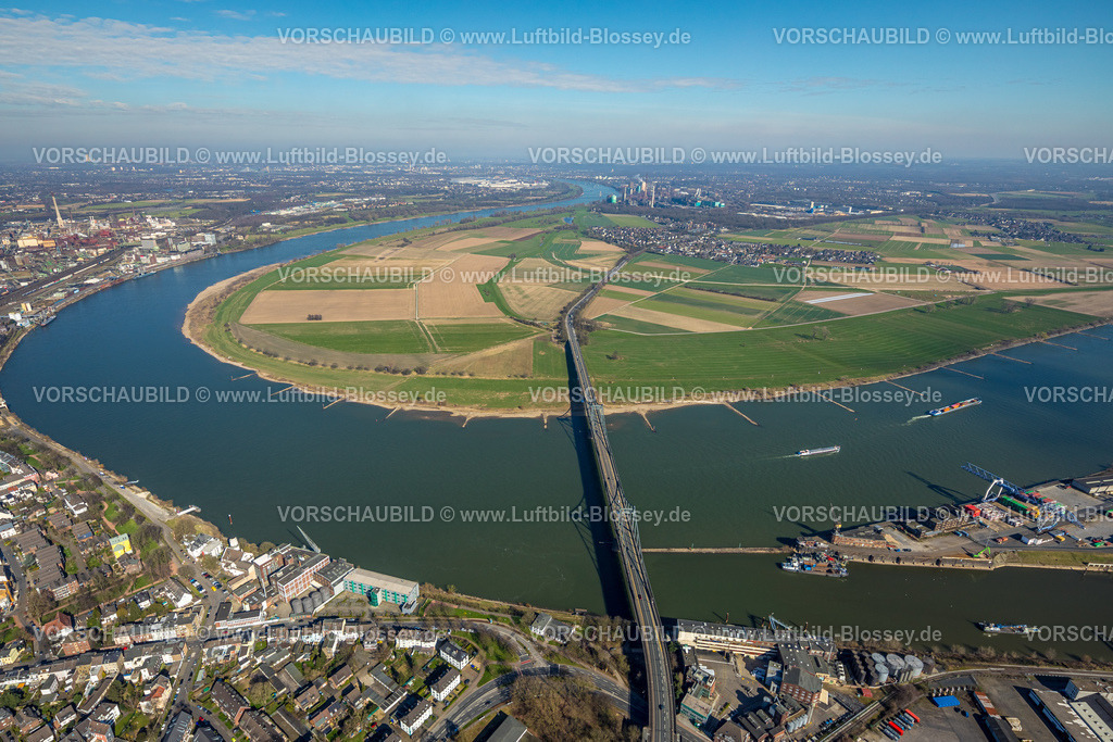 Duisburg240303242 | Luftbild, Krefeld-Uerdinger Brücke, Straßenverkehr, Fluss Rhein und Binnenschifffahrt, Rheinauen Ehingen und Blick nach Mündelheim, Mündelheim, Duisburg, Ruhrgebiet, Nordrhein-Westfalen, Deutschland, Duisburg-S