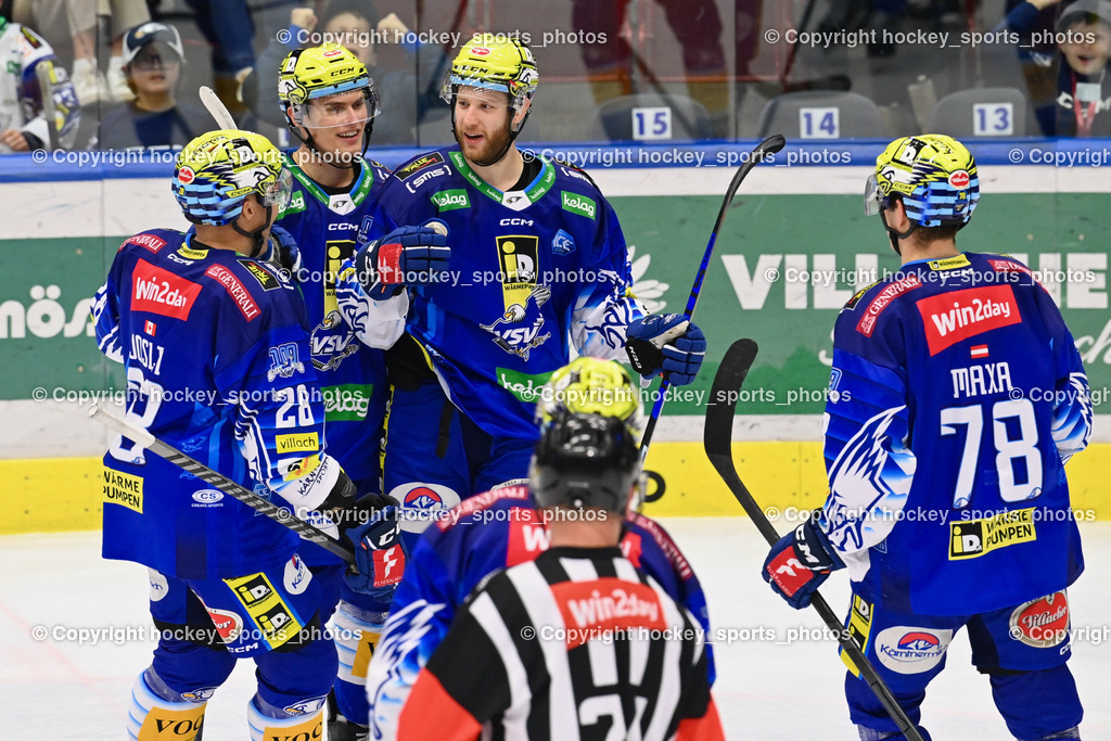 EC IDM Wärmepumpen VSV vs. HKSZ Olimpija 6.11.2022 | Jubel EC VSv Mannschaft, #74 Moderer Kevin, #28 Joslin Derek, #91 Wetzl Niklas, #78 Maxa Felix