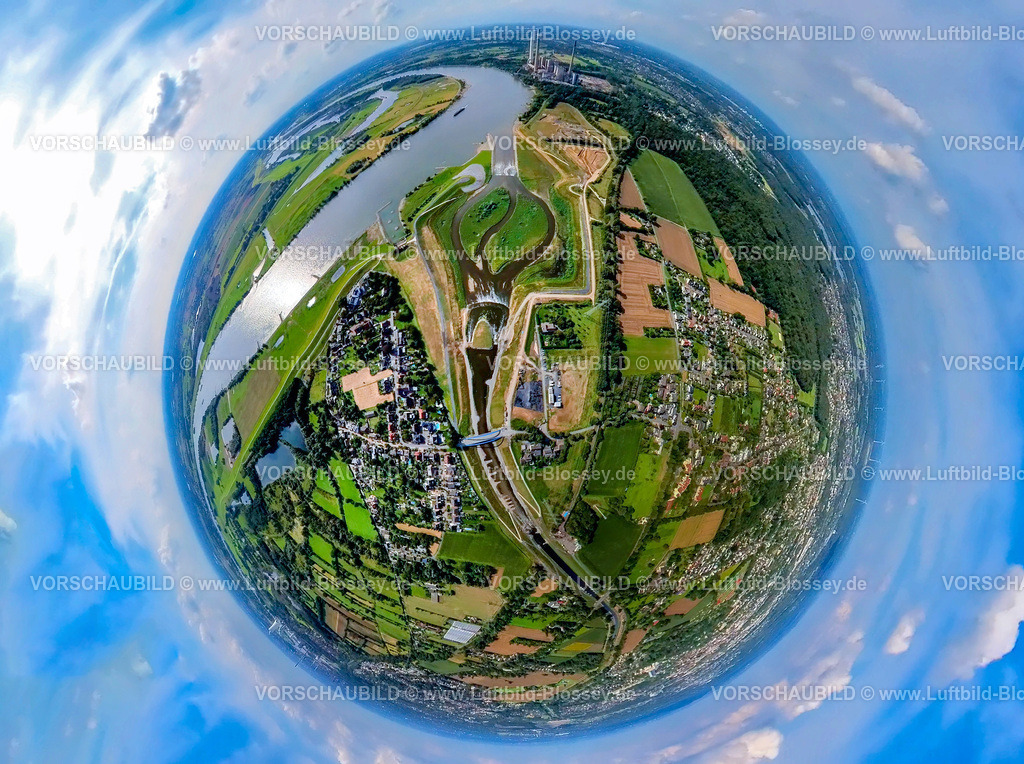 Dinslaken240890009Emschermuendung | Luftbild, neue Emschermündung in den Fluss Rhein, hinten das Kraftwerk Voerde, Erdkugel, Fisheye Aufnahme, Fischaugen Aufnahme, 360 Grad Aufnahme, tiny world, little planet, fisheye Bild, Eppinghoven, Dinslaken, Ruhrgebiet, Nordrhein-Westfalen, Deutschland
