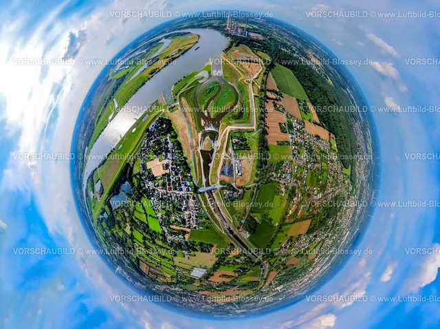 Dinslaken240890009Emschermuendung | Luftbild, neue Emschermündung in den Fluss Rhein, hinten das Kraftwerk Voerde, Erdkugel, Fisheye Aufnahme, Fischaugen Aufnahme, 360 Grad Aufnahme, tiny world, little planet, fisheye Bild, Eppinghoven, Dinslaken, Ruhrgebiet, Nordrhein-Westfalen, Deutschland