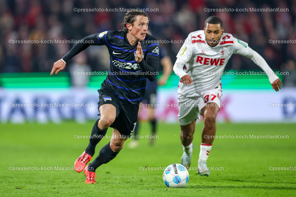 1FC04122402148 | 04.12.2024, Fußball, 1. FC Köln - Hertha BSC, Achtelfinale DFB-Pokal, RheinEnergieSTADION, Saison 2024 2025: Fabian Reese (Hertha #11) im Zweikampf gegen Linton Maina (1.FC Köln #37)DFB regulations prohibit any use of photographs as image sequences and or quasi-video.