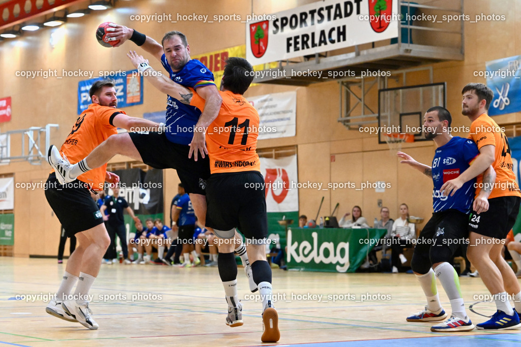 SC Ferlach vs. HSG Holding Graz 23.9.2023 | #29 Schweighofer Lukas Holding Graz, #57 LEBAN Patrik SC Ferlach, #11 ALBEK Joszef Holding Graz, #81 MILICEVIC Adrian SC Ferlach, #29 Schweighofer Lukas Holding Graz, SC Ferlach vs. HSG Holding Graz 23.9.2023, SC Ferlach vs. HSG Holding Graz am 23.09.2023 in Bleiburg (Ballspielhalle Ferlach), Austria, (Photo by Bernd Stefan)