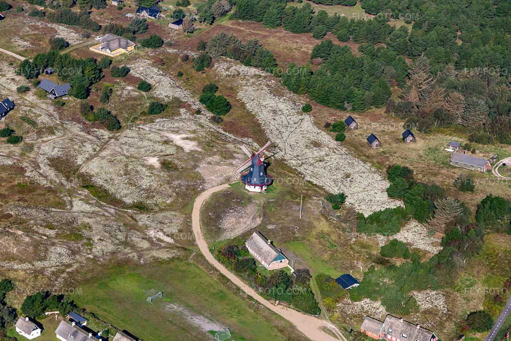 Aerial view: Sønderho Windmill/ Sønderho Mølle in Fanø in the state South Denmark, Denmark.Photo: IMG_118699.jpg taken on 09/21/2019 by Werner Riehm/FLY-FOTO.comResolution of the original: 5472 x 3648 px