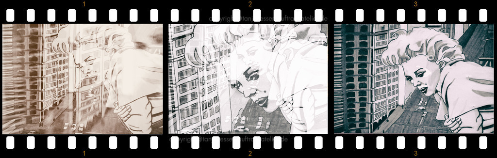 Marilyn Filmstreifen D | Filmstreifen zeigt kunstvolle Doppelbelichtung einer Illustration von einer amerikanischen Filmschauspielerin. Sie lehnt sich über eine Balkonbrüstung und beobachtet den weit unten fahrenden Verkehr. Abstrakte Effekte. 