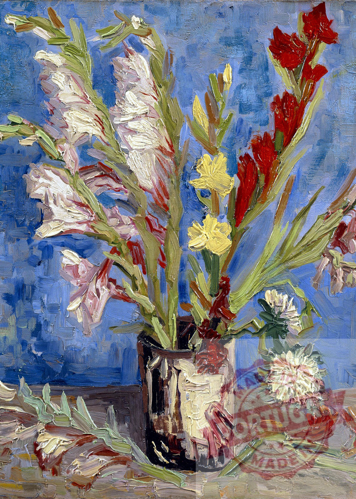 Vase with red and white gladioli and white chrysanthemum by Vincent van Gogh | Still life oil painting featuring a vase with red and white gladioli and white chrysanthemum on a table with a blue background - Realisiert mit Pictrs.com