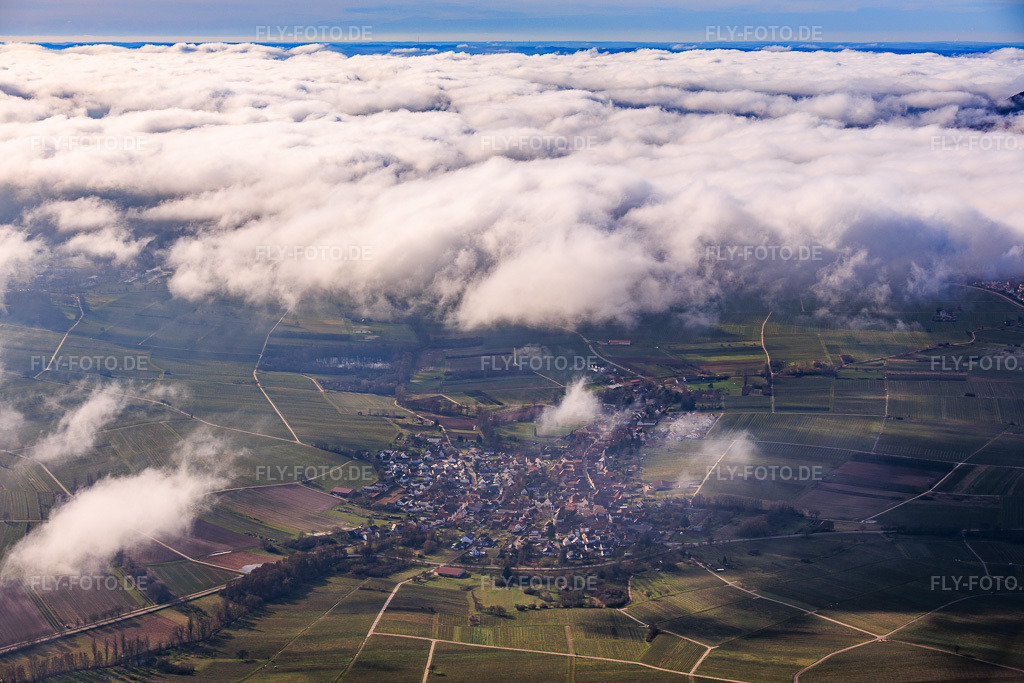 Luftbild: Ortsansicht von Osten unter Wolken in Göcklingen im Bundesland Rheinland-Pfalz in Deutschland. Foto: IMG_153150.jpg vom 25.02.2026 durch Werner Riehm/FLY-FOTO.de