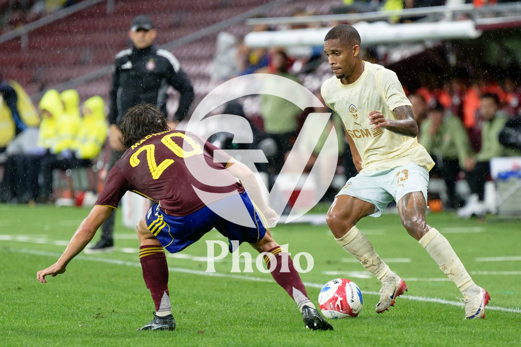 UEFA Conference League Play-offs 2nd leg - Servette FC v FC Shakhtar Donetsk | Pedro Henrique (13 FC Shakhtar Donetsk) and Theo Magnin (20 Servette FC) battle for the ball (duel)  during the UEFA Conference League Play-offs 2nd leg match between Servette FC and FC Shakhtar Donetsk at Stade de Geneve in Geneva, Switzerland