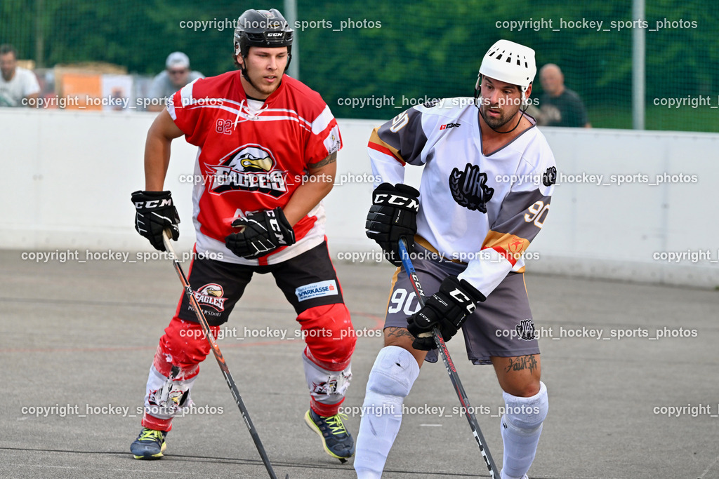 VAS Ballhockey vs. HSC Eagles Poggersdorf | #82 Wilhelmer Philip, #90 Edlinger Patrick, VAS Ballhockey vs. HSC Eagles Poggersdorf, VAS Ballhockey vs. HSC Eagles Poggersdorf am 14.07.2024 in Villach (Alpen Arena ), Austria, (Photo by Bernd Stefan)