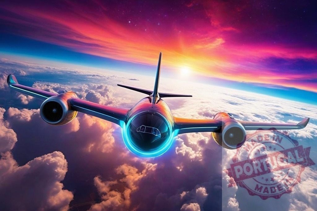 Futuristic airplane flying vibrant sunset sky high above clouds | Futuristic airplane with neon glow flying above clouds during a colorful sunset - Realized with Pictrs.com