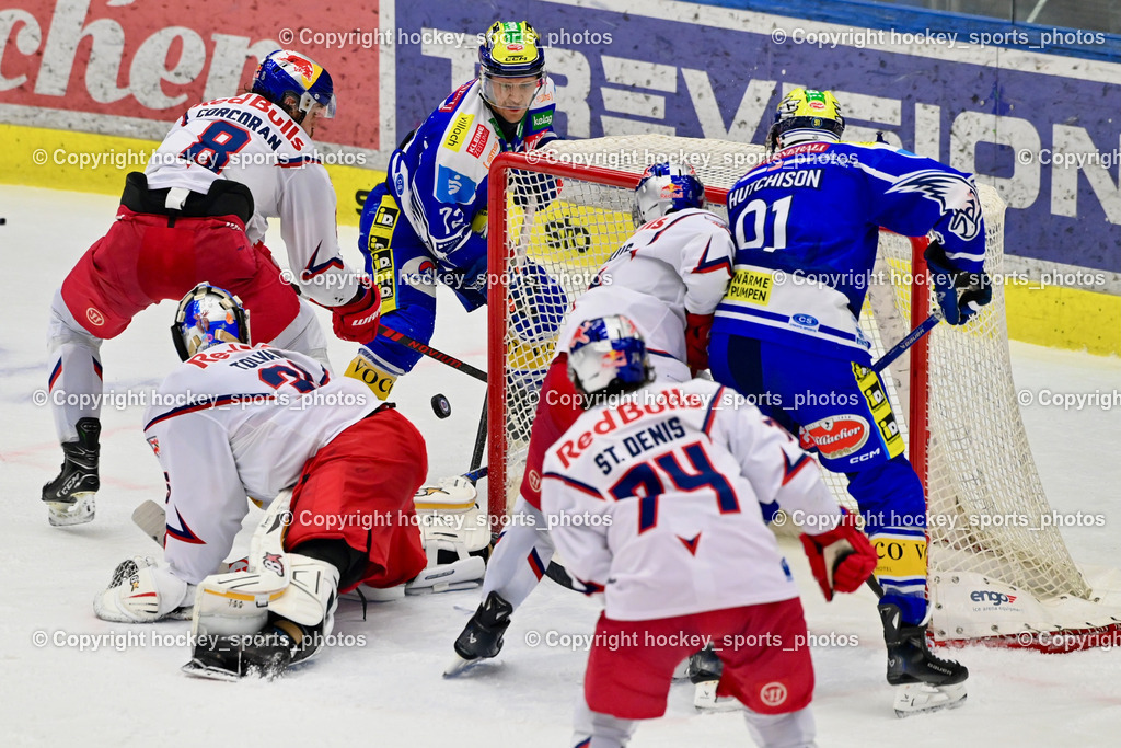 EC IDM Wärmepumpen VSV vs. EC Red Bull VSV | #74 Travis St. Denis EC Red Bull Salzburg, #91 Nick Hutchison EC VSV, #72 John Hughes EC VSV, #35 Atte Tolvanen EC Red Bull Salzburg, #8 Connor Corcoran EC Red Bull Salzburg, EC IDM Wärmepumpen VSV vs. EC Red Bull VSV, EC IDM Wärmepumpen VSV vs. EC Red Bull Salzburg am 16.01.2026 in Villach (Stadthalle Villach), Austria, (Photo by Bernd Stefan)