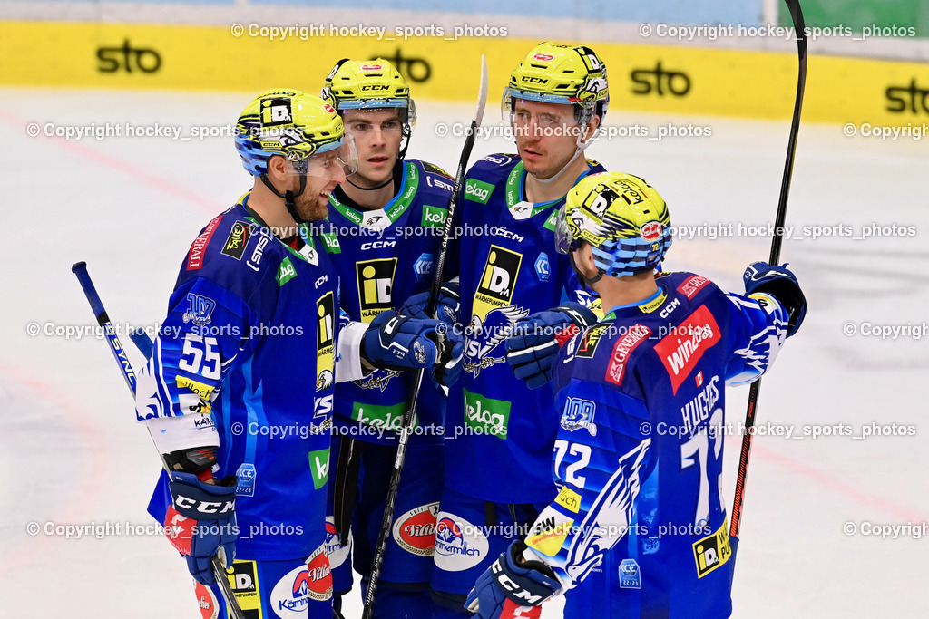 EC IDM Wärmepumpen VSV vs. HKSZ Olimpija 6.11.2022 | Jubel EC VSV Mannschaft, #13 Collins Chris, #17 Kulda Arturs, #55 Sabolic Robert, #72 Hughes John