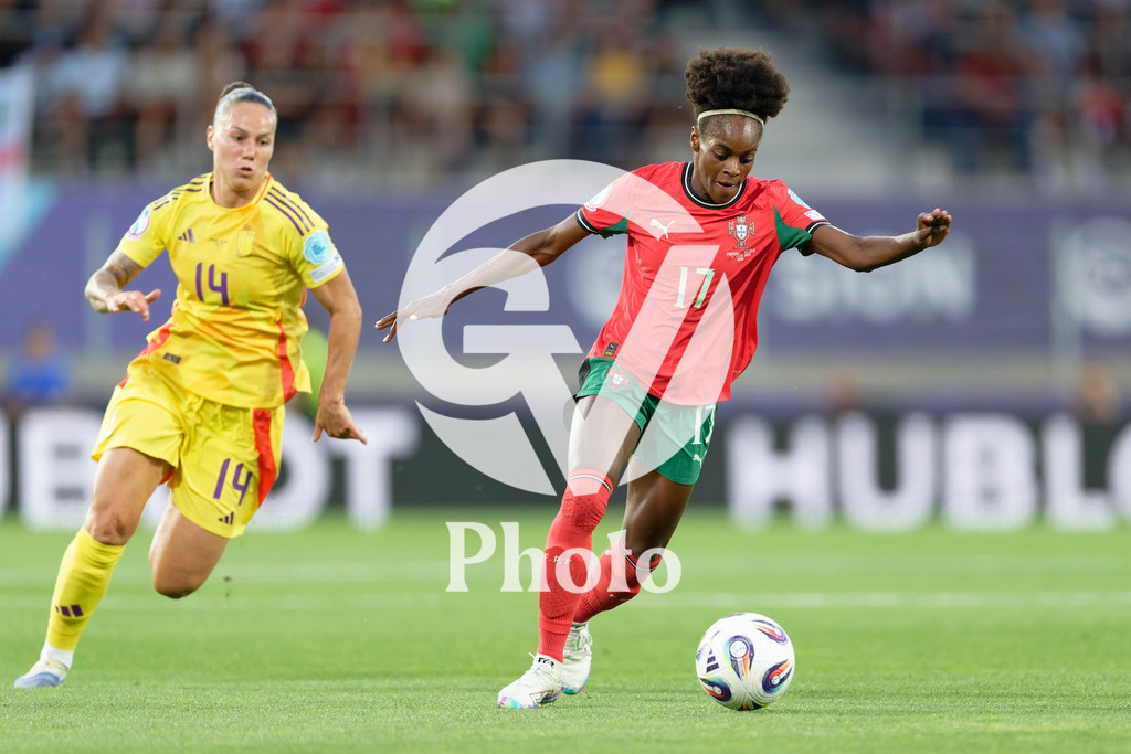 Portugal v Belgium: UEFA Women's EURO 2025 Group B | SION, SWITZERLAND - JULY 11: Diana Silva of Portugal (R)  shoots under pressure from Jassina Blom of Belgium (L)   during the UEFA Women's EURO 2025 Group B match between Portugal and Belgium at Stade de Tourbillon on July 11, 2025 in Sion, Switzerland. (Photo by Giuseppe Velletri/Sports Press Photo/Getty Images)