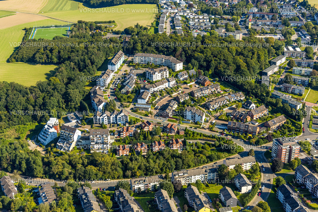 Velbert240811984Neviges | Luftbild, Wohngebiet Wohnsiedlung Rosenhügel mit Konrad-Adenauer-Straße am Waldrand, Kleinehöhe, Velbert, Ruhrgebiet, Nordrhein-Westfalen, Deutschland