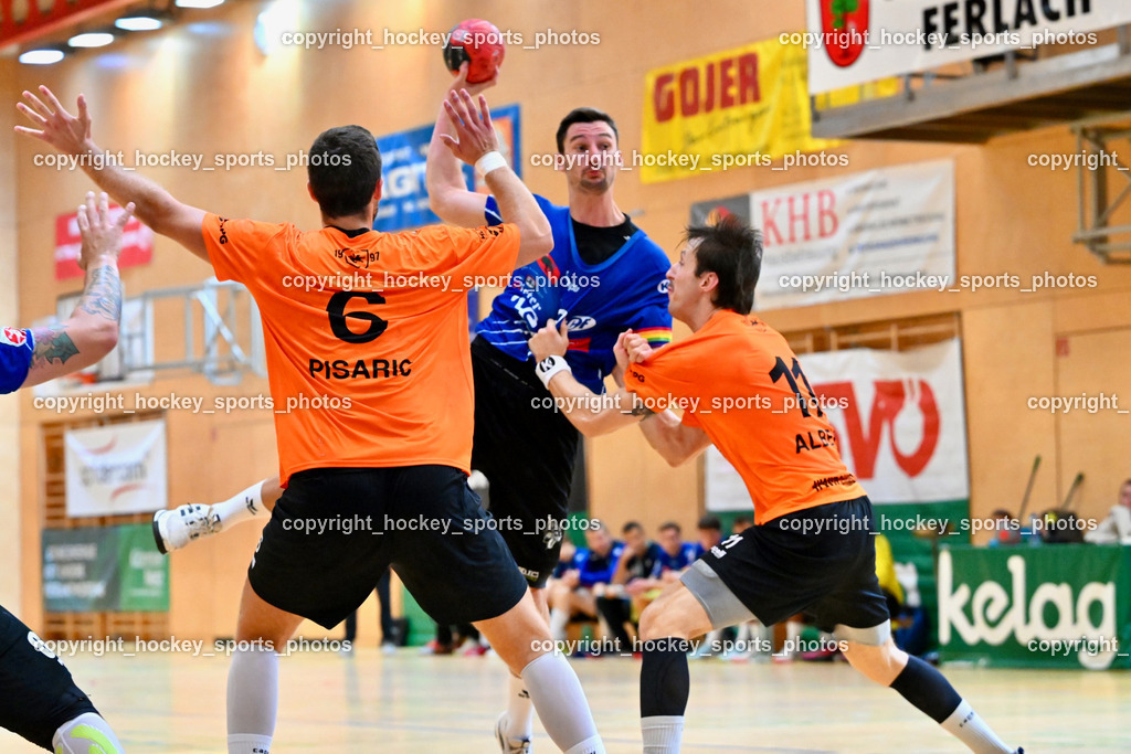 SC Ferlach vs. HSG Holding Graz 23.9.2023 | #6 PISARIC Djordje Holding Graz, #11 ALBEK Joszef Holding Graz, #23 KOCBEK Jure SC Ferlach, SC Ferlach vs. HSG Holding Graz 23.9.2023, SC Ferlach vs. HSG Holding Graz am 23.09.2023 in Bleiburg (Ballspielhalle Ferlach), Austria, (Photo by Bernd Stefan)
