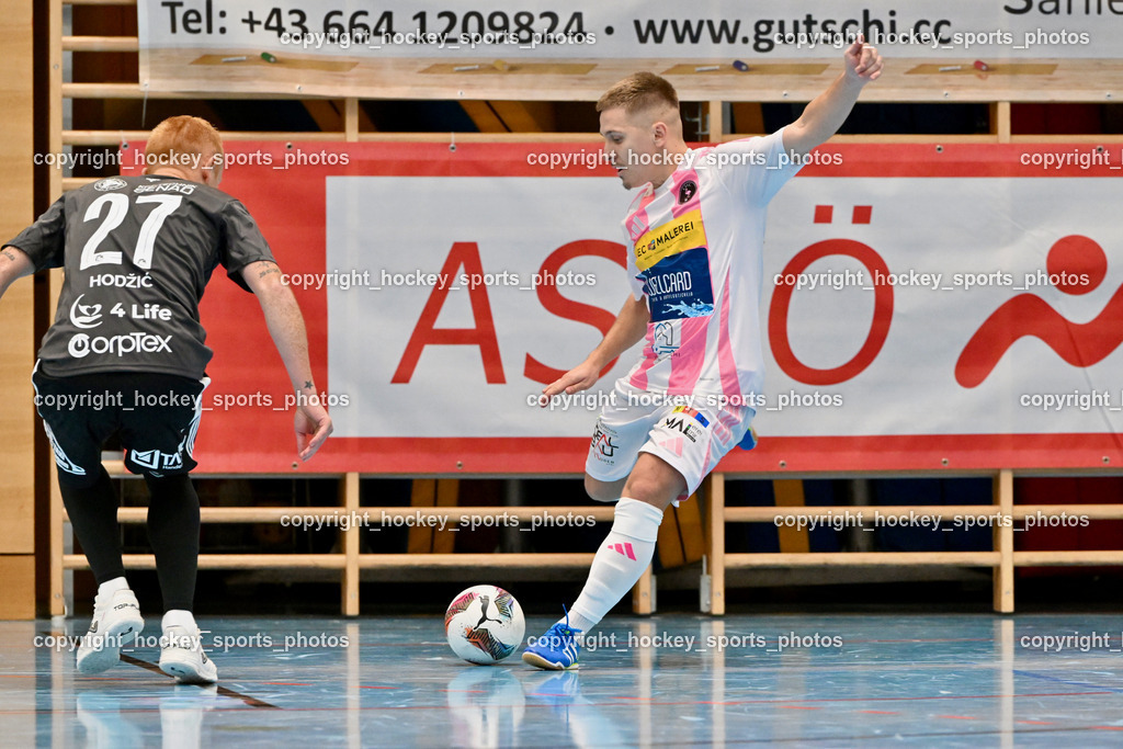 Carinthia Flamengo Futsal Club vs. FC Ljuti Krajisnici | #27 Adnan Hodzic FC Ljuti Krajisnici, #32 Smajl Delic Carinthia Flamengo, Carinthia Flamengo Futsal Club vs. FC Ljuti Krajisnici, Carinthia Flamengo Fusal Club vs. FC Ljuti Krajisnici am 12.10.2025 in Klagenfurt (Ballspielhalle Viktring), Austria, (Photo by Bernd Stefan)