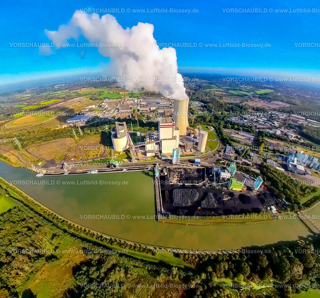 Luenen241190556 | Luftbild, Trianel Kohlekraftwerk Lünen GmbH & Co. KG mit dampfender Rauchwolke, Hafen am Datteln-Hamm-Kanal, Erdkugel, Fisheye Aufnahme, Fischaugen Aufnahme, 360 Grad Aufnahme, tiny world, little planet, fisheye Bild, Lippholthausen, Lünen, Ruhrgebiet, Nordrhein-Westfalen, Deutschland