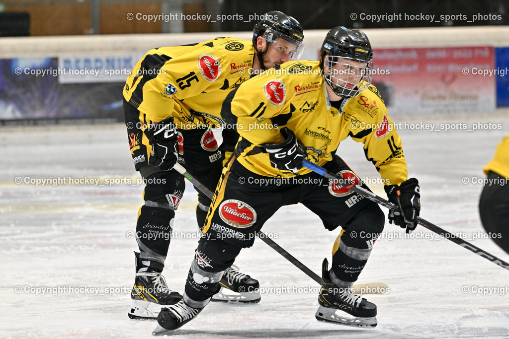 EC Hornets Spittal vs. USC Piraten Velden 18.2.2024 | #11 Kucher Florian EC Hornets Spittal, #15 Rossbacher Daniel EC Hornets Spittal, EC Hornets Spittal vs. USC Piraten Velden 18.2.2024, EC Hornets Spittal vs. USC Piraten Velden 18.2.2024 am 18.02.2024 in Spittal an der Drau (Eissportzentrum Spittal), Austria, (Photo by Bernd Stefan)