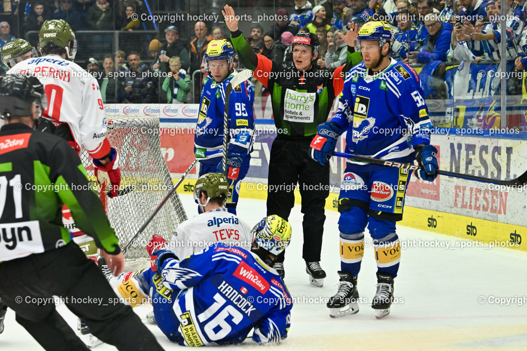 EC VSV vs. HC Bozen 16.2.2024 | #16 Kevin Hancock,  #95 KATIC Mark,  #55 SABOLIC Robert,  EC VSV vs. HC Bozen 16.2.2024, EC VSV vs. HC Bozen 16.2.2024 am 16.02.2024 in Villach (Stadthalle Villach), Austria, (Photo by Bernd Stefan)