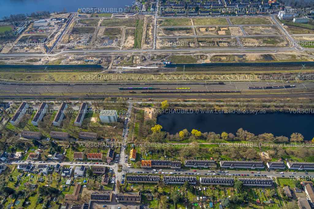 Duisburg240302788 | Luftbild, Baustelle für geplantes Duisburger Wohnquartier am ehemaligen Rangierbahnhof Wedau, an der Sechs-Seen-Platte, Wedau, Duisburg, Ruhrgebiet, Nordrhein-Westfalen, Deutschland, Duisburg-S