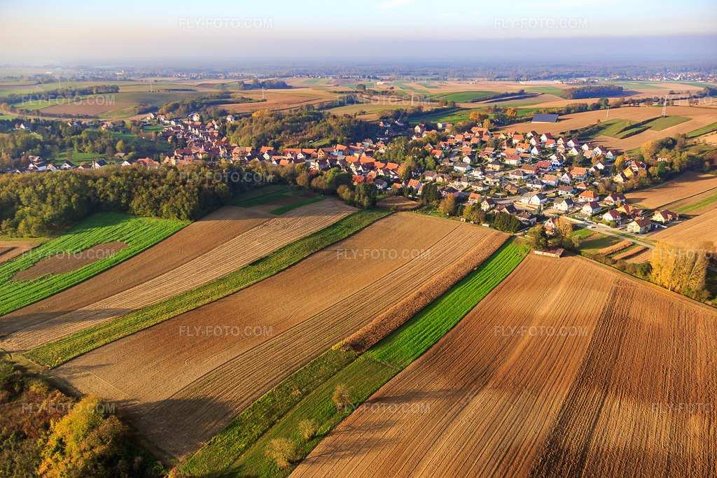 Aerial view: View of the town from the southeast in Neewiller-près-Lauterbourg in the state Bas-Rhin, France. – Photo: IMG_075744.jpg taken on 11/01/2014 by Werner Riehm/FLY-FOTO.com – Resolution of the original: 5472 x 3648 px