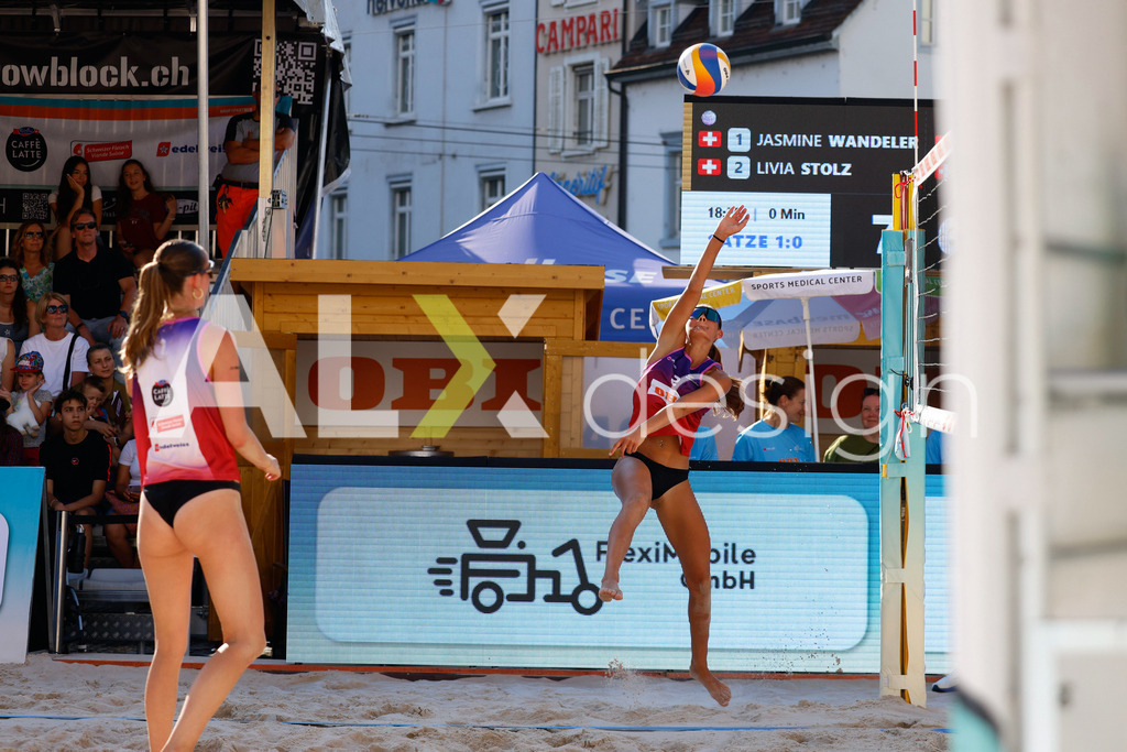 Obi BeachTour 2026 - Basel | BASEL, SWITZERLAND - JULY 17: FIONA PROBST (SUI) attack / spike during the Obi BeachTour 2026 match between WANDELER / STOLZ (SUI) and GRÜNIG / PROBST (SUI) at Barfüsserplatz on July 17, 2026 in Basel, Switzerland. - Realisiert mit Pictrs.com