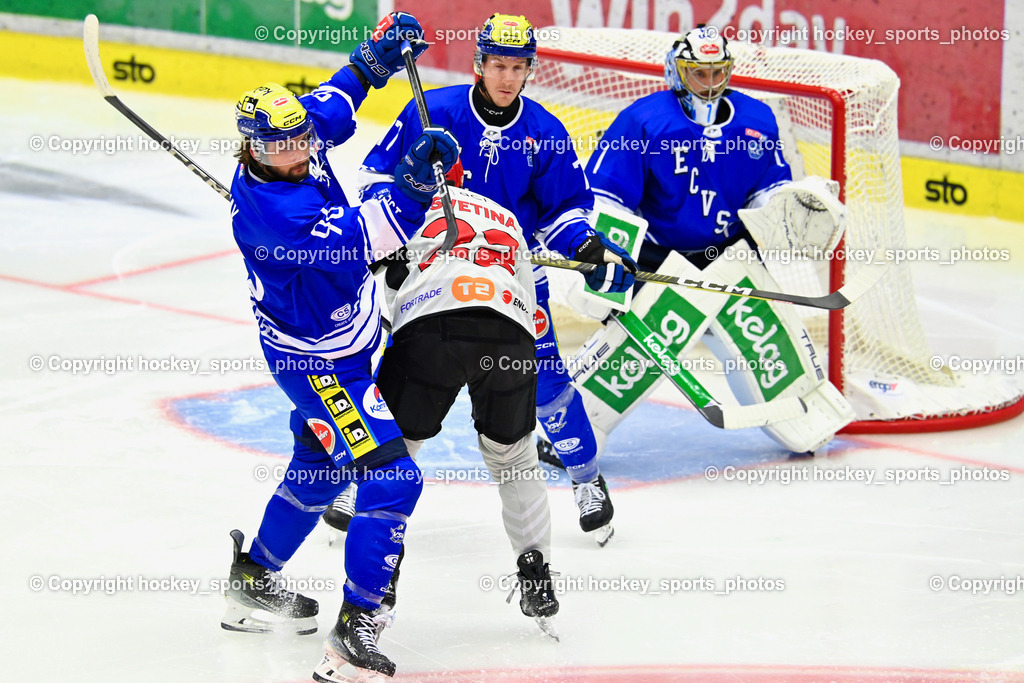 EC IDM Wärmepumpen VSV vs. HDD Jesenice | #96 HOLWAY Patrick EC VSV, #22 SVETINA, Erik HDD Jesenice, #77 LINDNER Philipp EC VSV, #1 LAMOUREUX Philippe EC VSV, EC IDM Wärmepumpen VSV vs. HDD Jesenice, EC IDM Wärmepumpen VSV vs. HDD Jesenice am 08.09.2024 in Villach (Stadthalle Villach), Austria, (Photo by Bernd Stefan)