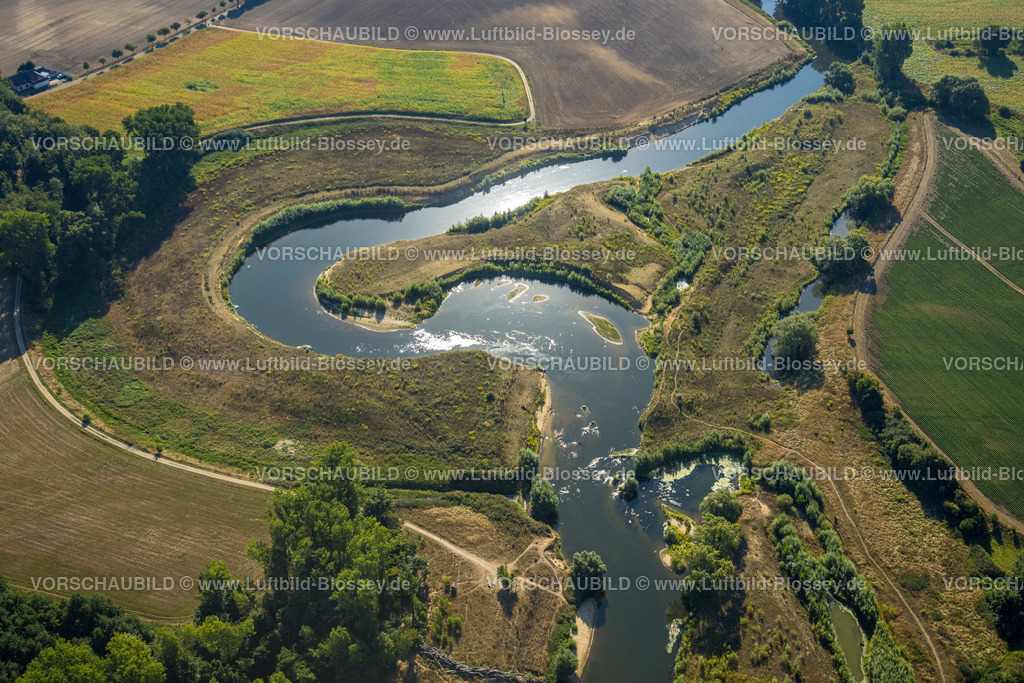 Olfen220805990LippeVogelsang | Luftbild, Fluss Lippe Mäander im Gegenlicht, Lippeschleife, Fluss- und Auenentwicklung der Lippe Vogelsang, Renaturierung, Stadtgrenze Olfen-Datteln, Olfen-Kirchspiel, Olfen, Ruhrgebiet, Nordrhein-Westfalen, Deutschland
