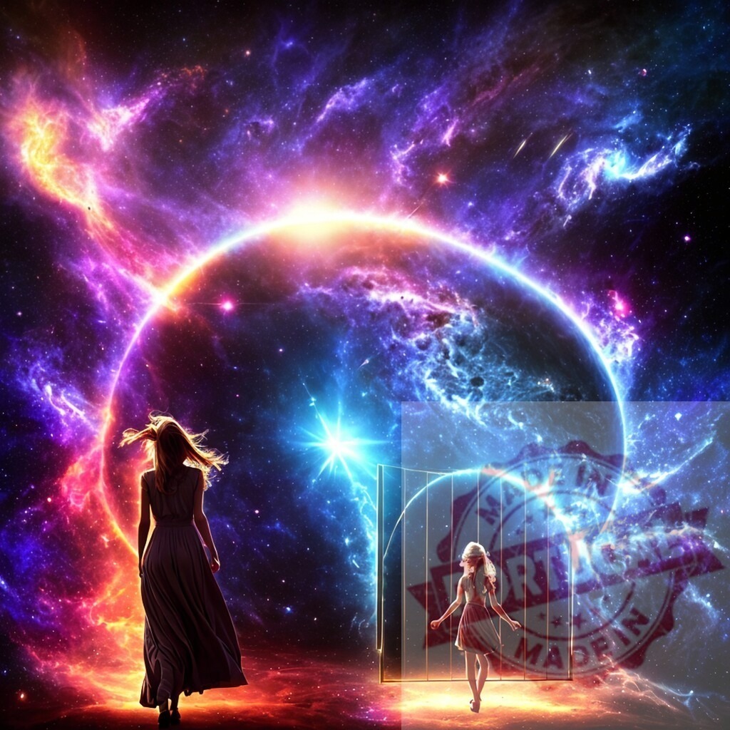Women walking into glowing cosmic portal in surreal galaxy | Women exploring infinite space and opening a luminous gate to a new dimension - Realisiert mit Pictrs.com