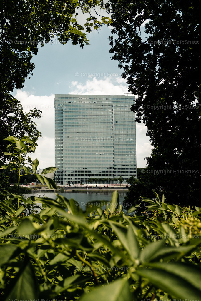 Drei-Scheiben-Hochhaus Düsseldorf | Eingerahmt durch Büsche und Laubwerkt konnten wir diesen ungewöhnlichen Blick auf das Drei-Scheiben-Haus festhalten. - Realisiert mit Pictrs.com